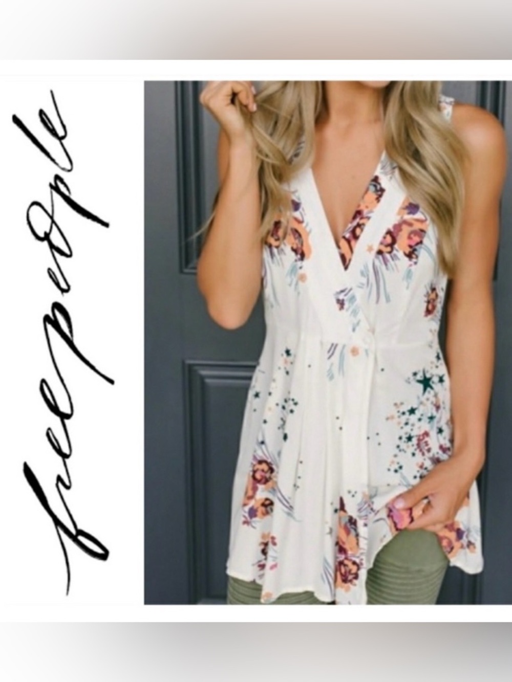 Free People Back To The Basics Floral Tunic Blouse Mini Dress Ivory Size‎ Small